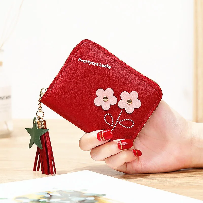 

Women Fashion Short Wallet Coin Purses Tassels Zipper Girls Designer Simple Square Cards Holder Flower Pattern Wild Leather PU