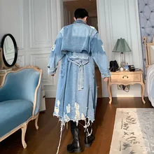 Мужская дырка панк готический джинсовый Тренч пальто Мужская винтажная мода уличная хип хоп свободная длинная джинсовая ветровка куртка