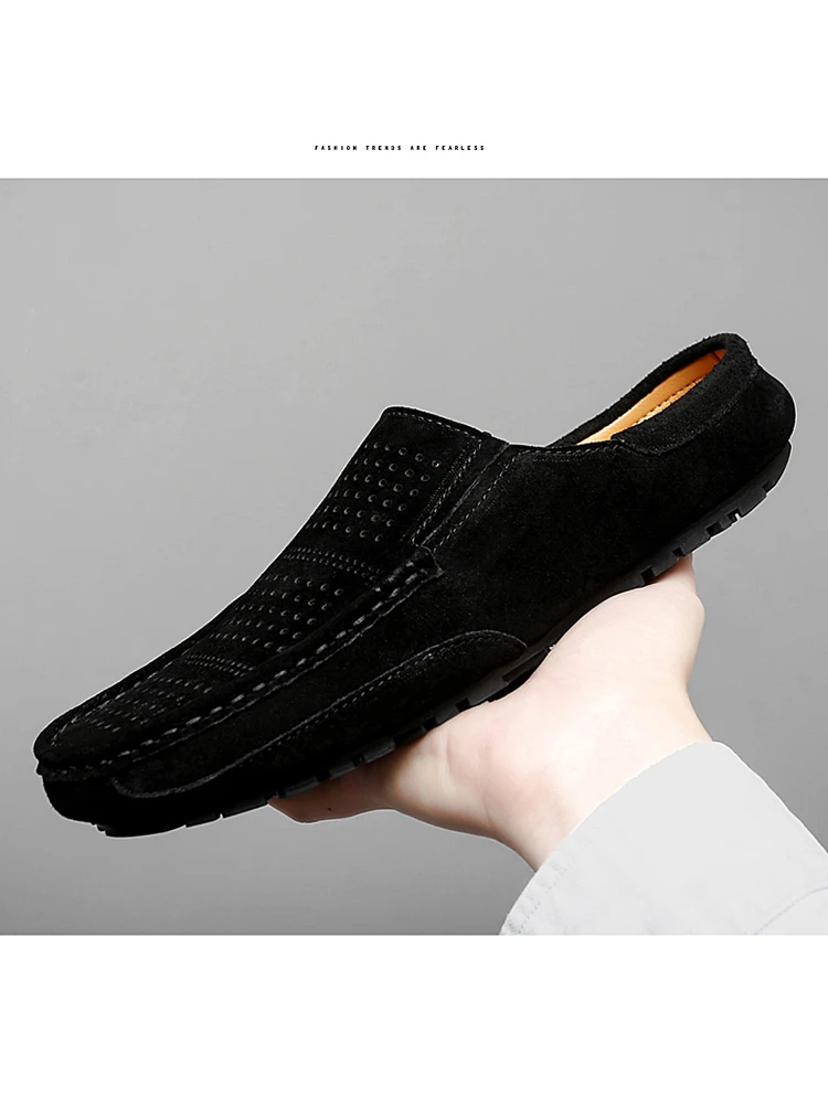 Man Summer Fashion Pig Skin Casual Half Shoe Male Breathable Soft Backless Half Loafers Hombre Open Back Leather Comfy Mocassins