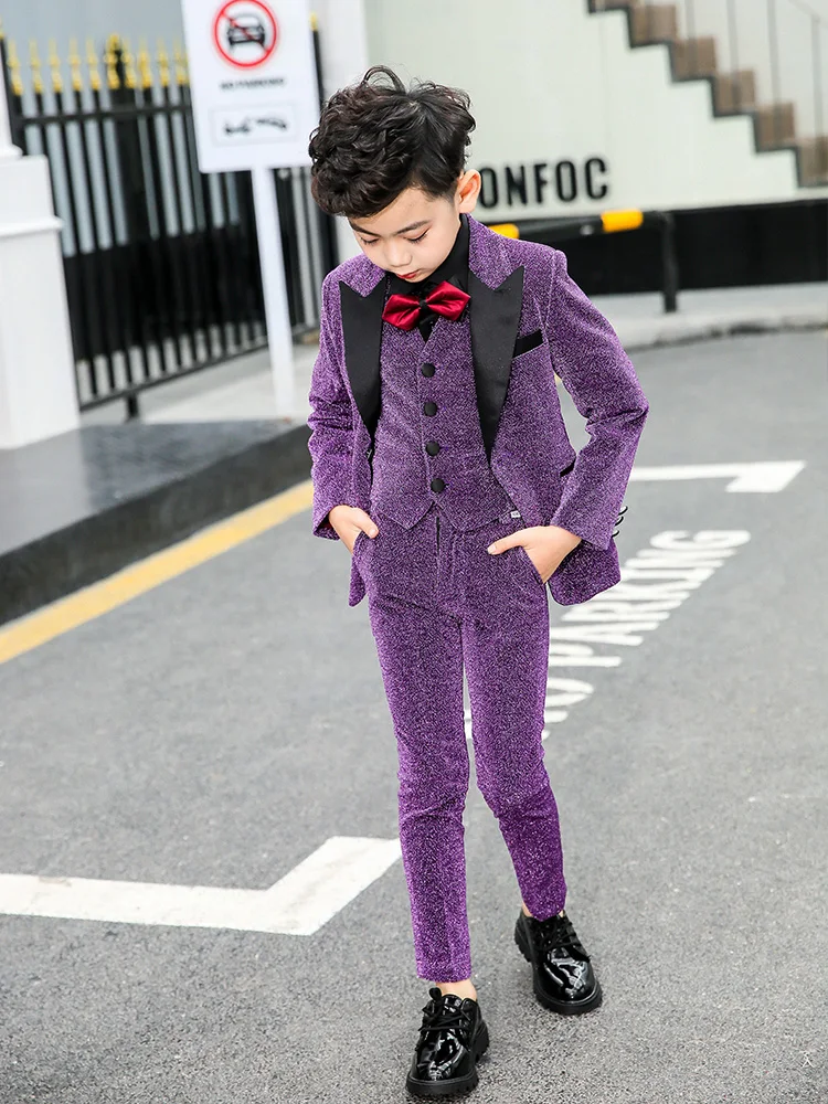 YuanLu Boys Suits Blazer Formal Coat Blazer Vest Pants For Wedding Party Piano Toddler Clothes Purple Kids Suits(2T-14 - Цвет: 3PCS