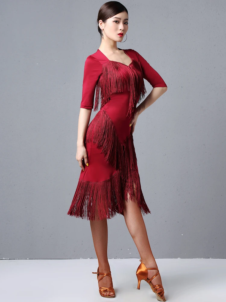 

2019 new Girls adult Modern Ballroom Latin Dance Dress tassel Fringe Salsa Tango Dance Wear Black Performance Stage Wear