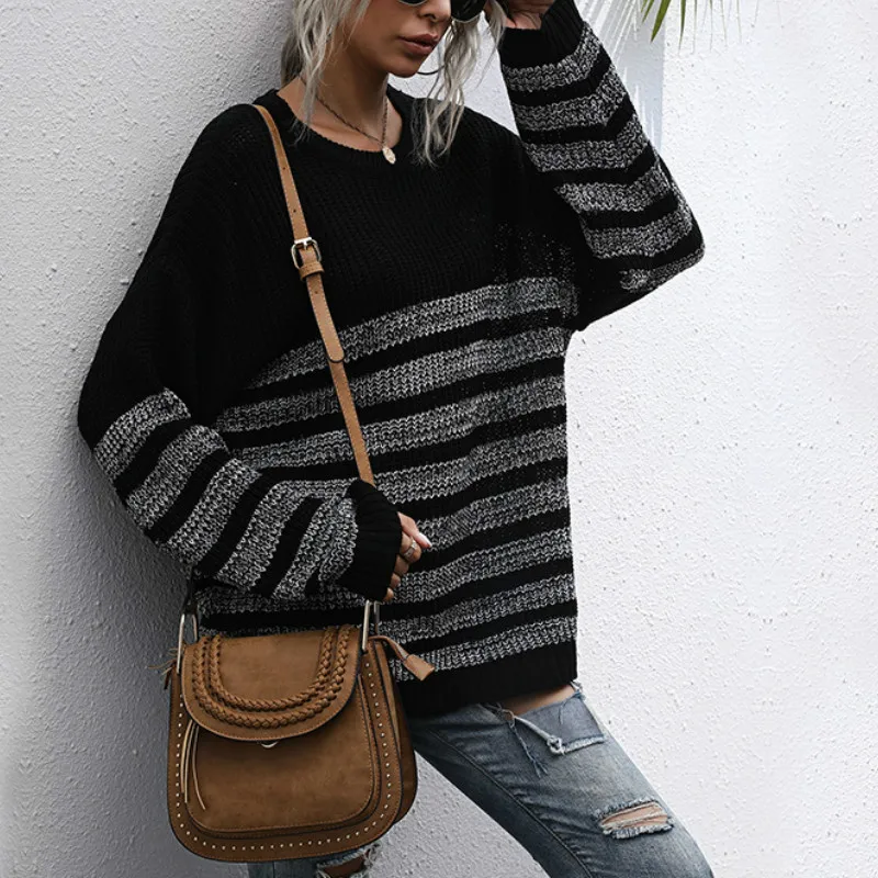 

Loose Color Block Sweater 2020 Autumn and Winter Women's Knitted Pullover O-neck Long Pullover Women's Clothing