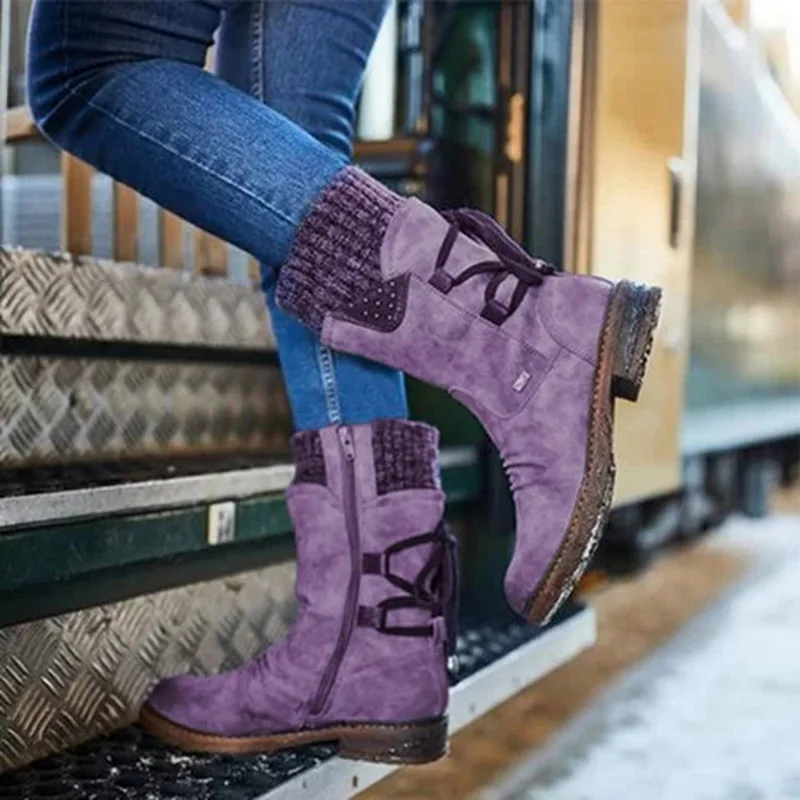 New Women Boots Fashion Autumn PU Mid-Calf Boots Back Ankle Lace-up Design Boots Solid Color Low Heels Shoes Botas Mujer