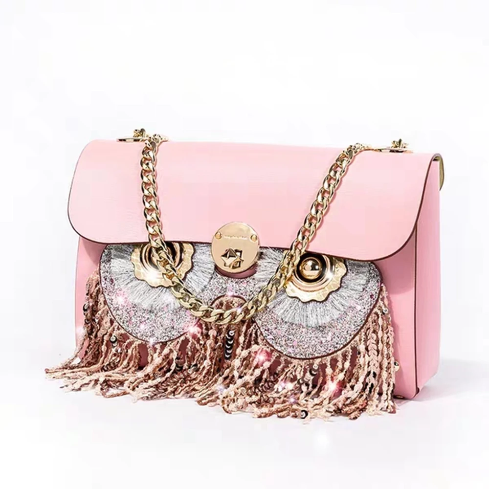 

ESbear Women Fashion Genuine Leather Bag Ladies Tote Simple Messenger Handbag Small Square Bag Owl Pattern Detachable Decoration