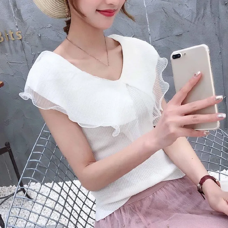 

Fashion Nice Summer Tide V-Neck Solid Ruffled Pleated T-Shirt Ruffles WoMen Elegant Sleeveless Slim Vest Mesh Top