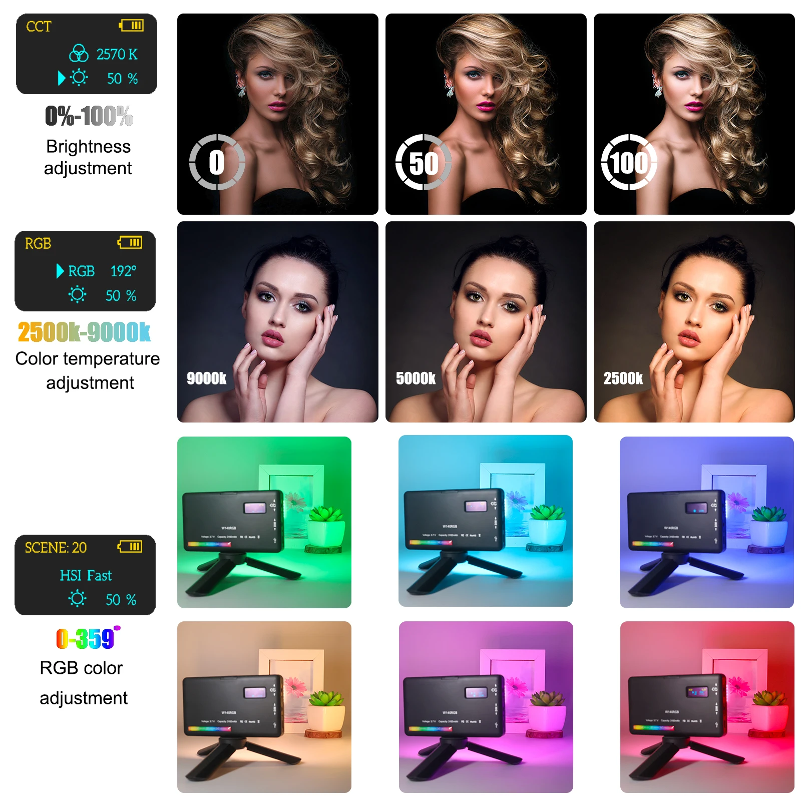 Luzes de Vídeo 2500 a 9000k Luxceo Fotografia Acessórios Câmeral Luz 8w 3100mah Led Painel Bolso Tamanho Lâmpada Regulável W140 Rgb - Image 6
