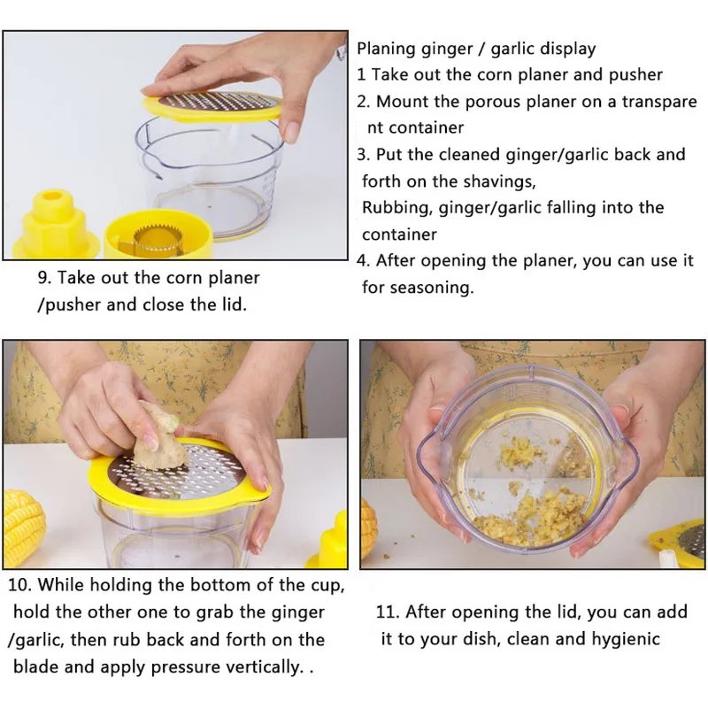 4in1 Kitchen Slicer Peeler Ginger Sharpener Corn Planer Grain Separator Cob Corn Stripper With Built-In Measuring Cup And Grater