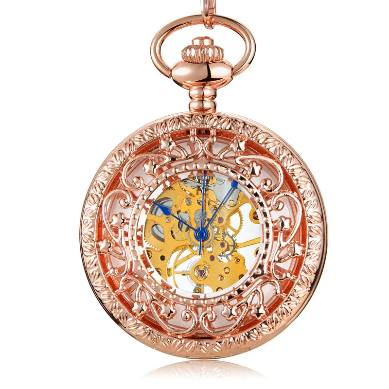 New Rose Gold Mechanical Pocket Watch With Chain Steampunk Skeleton Hollow Hand-winding Pendant Clock Men Women Relgio de bolso