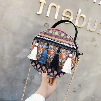 

2020 Summer New Small Bag Wild Chain Shoulder Messenger Bag Ethnic Style Round Bag Tassel Women Purse and Handbags Sac A Main