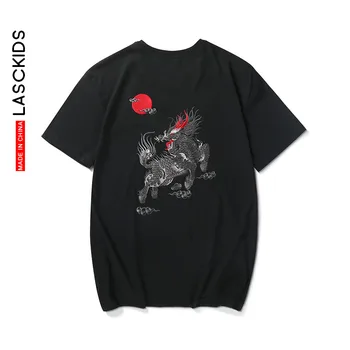 

LASCKIDS Embroidery Kylin Oversized T shirt Graphic Men Tshirt Aesthetic Streetwear Mens T shirts Cotton Tops Summer Tp[s KJ86r