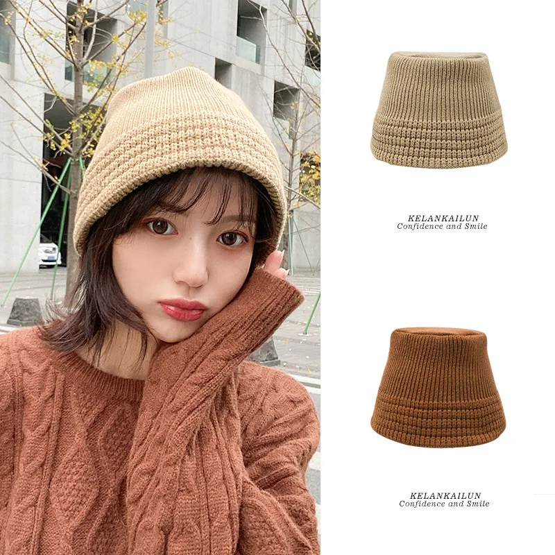 

New autumn and winter women's hat thick knitted wool bucket hat Japanese bell basin hat