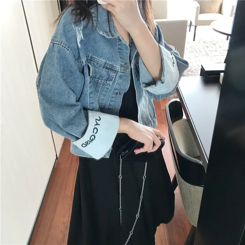 

2019 Autumn New Style Korean-style Lettered Embroidered Loose-Fit Fold-down Collar Frayed Jeans Coat Women's F4497