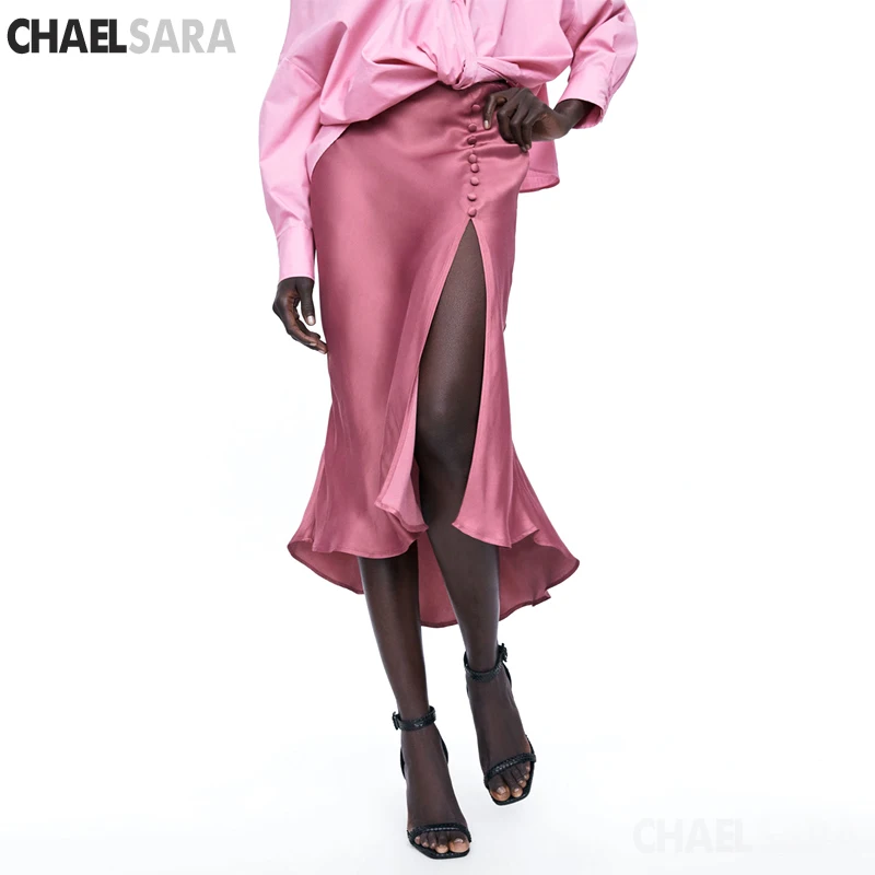 

New Sexy Split Women Skirt Solid Button Asymmetry Elegant Party Skirt Silk satin Texture Spring Summer Midi Skirts Jupe Femme