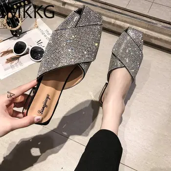 

Women's Shoes Slippers Outside the New Square Head Diamond Shining Rough-heeled Miller Shoes of 2019
