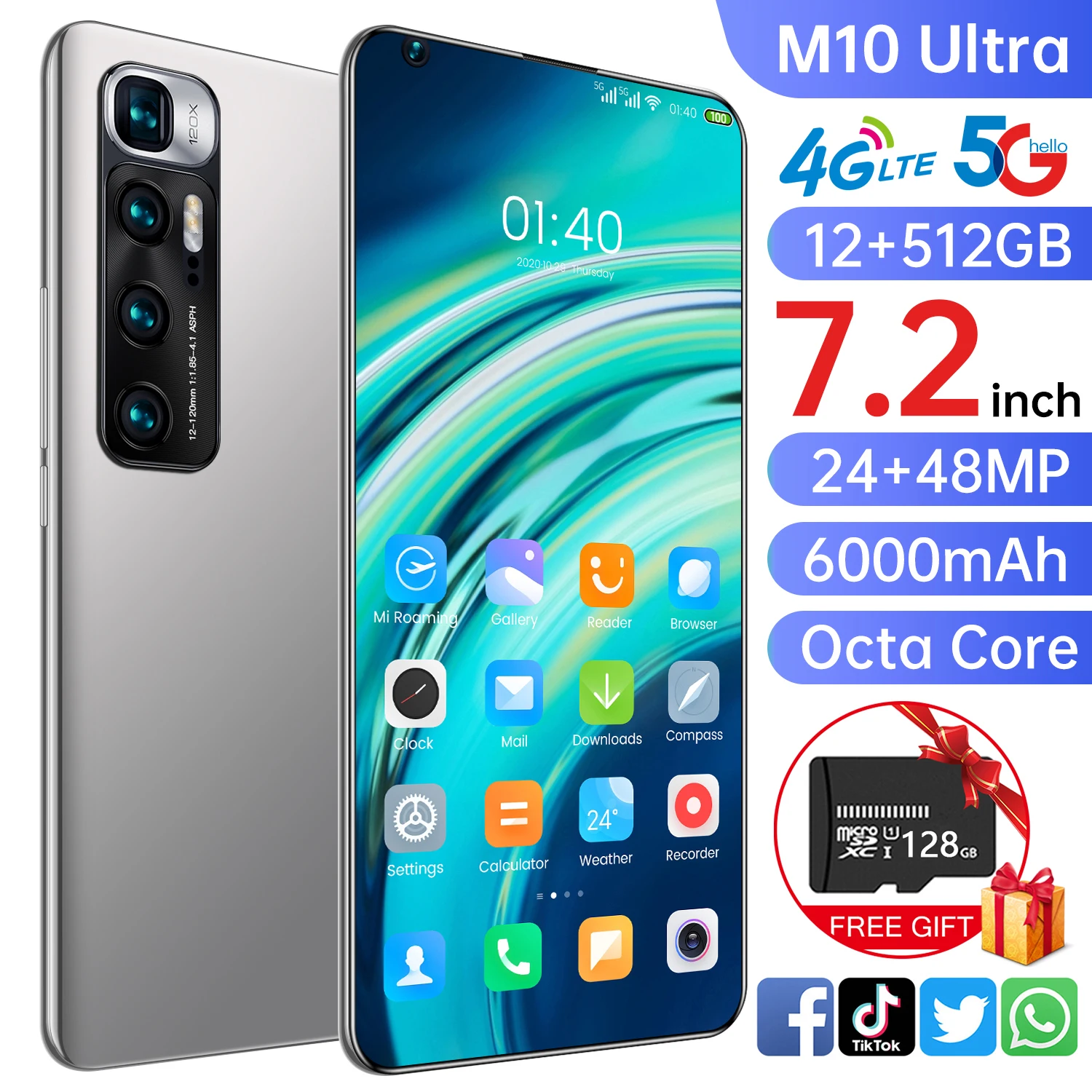 2021 M10 Ultra New Arrival 6000mAh Mobile Phone 7.2 Inch Dual Camera Smart Phone 12GB + 512GB Andriod Smartphone Snapdragon 865