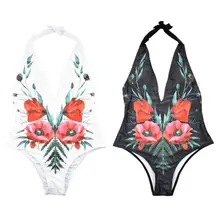 Женский сексуальный цельный бикини с бретелькой через шею, глубокий монокини с v-образным вырезом, богемная цветная Цветочная цифровая печать, купальник