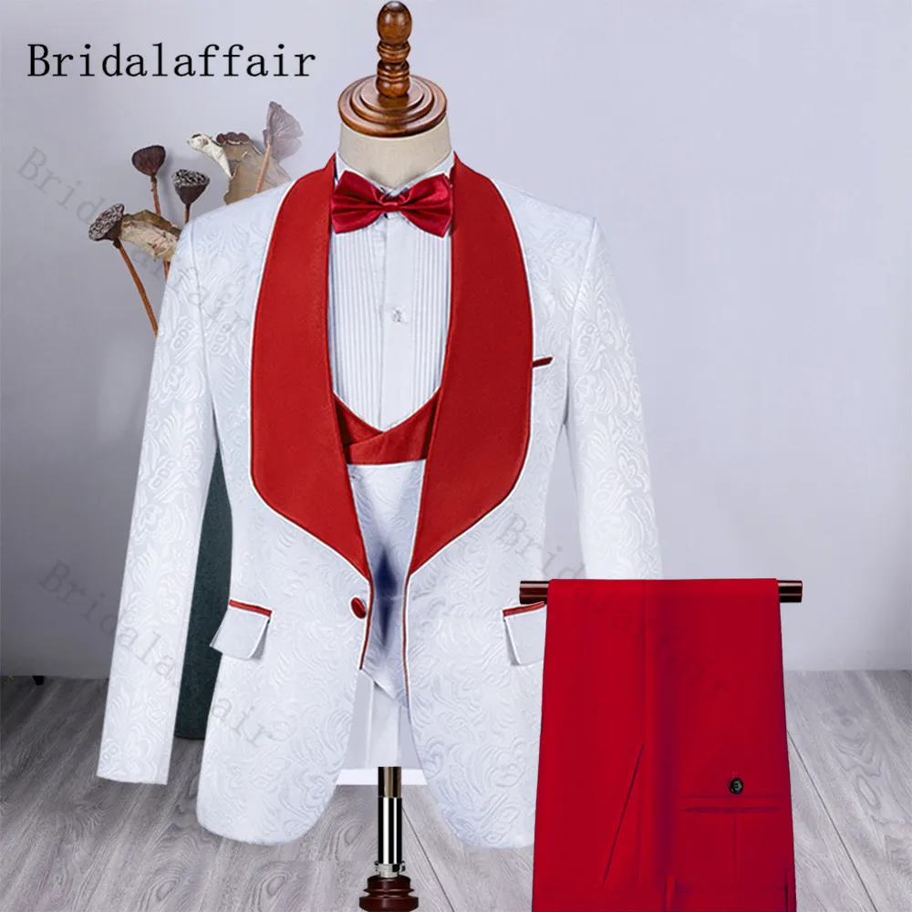 

Bridalaffair, белые жаккардовые смокинги, свадебные костюмы для шафера, комплект из 3 предметов, красочные красные, бордовые, черные, синие брюки с лацканами, костюм