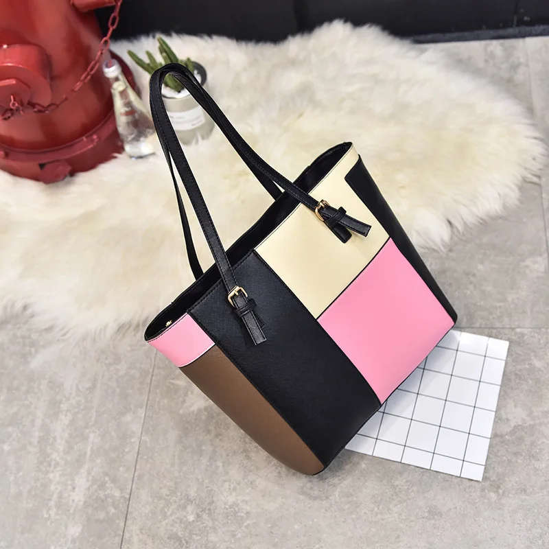 

917 # Hot Selling PU Leather WOMEN'S Bag 2017 New Style Fashion Korean-style Joint Contrast Color One-Shoulder Handbag Toth Larg