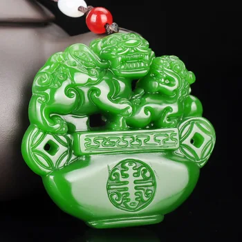 

Chinese Xinjiang Green Jade Money Mother Child Pendant Hand Carving Necklace Fashion Amulet Luck Gifts Men Sweater Chain