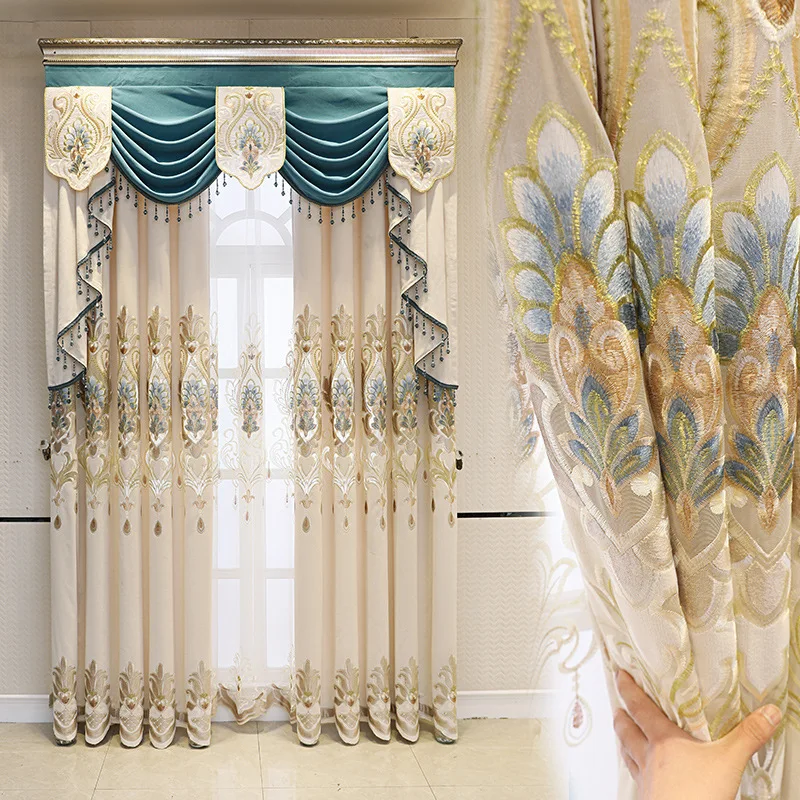 

High-end Chenille Cashmere Embroidered Curtain European-style Luxury Hollowed Out for Living Room Bedroom Floor Curtain Valance