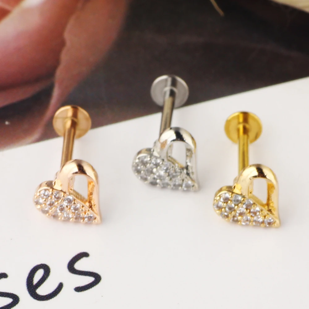 JUNLOWPY Zircon Lip Labret Stud Lip Ring Cartilage Piercing Earrings Tragus Daith Ear Stud Body Piercing Jewelry Heart