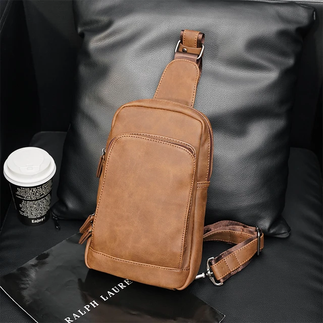 Unisex Leather Chest Bag Large Capacity Sling Bag Mens Leather