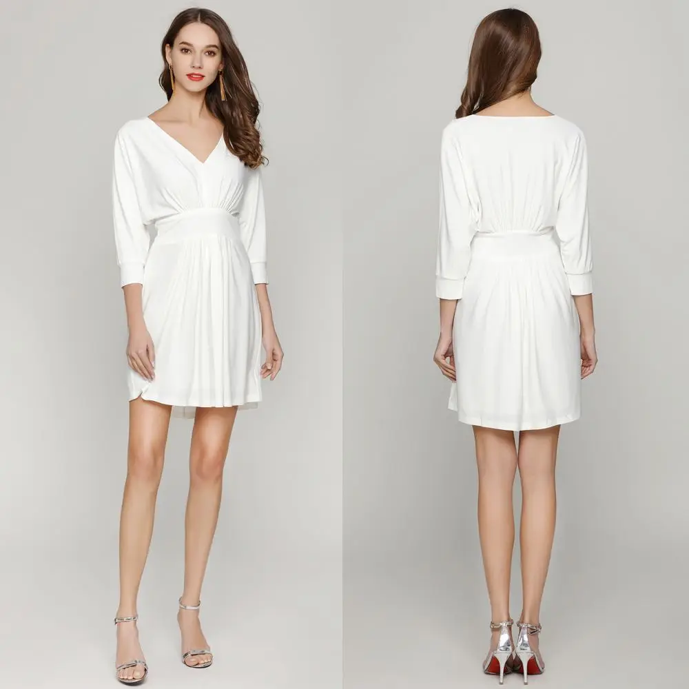 

Dk397 Spring New Style Fashion V-neck Bat Sleeve Short Elasticity Viscose White Dress Dress WOMEN'S Dress