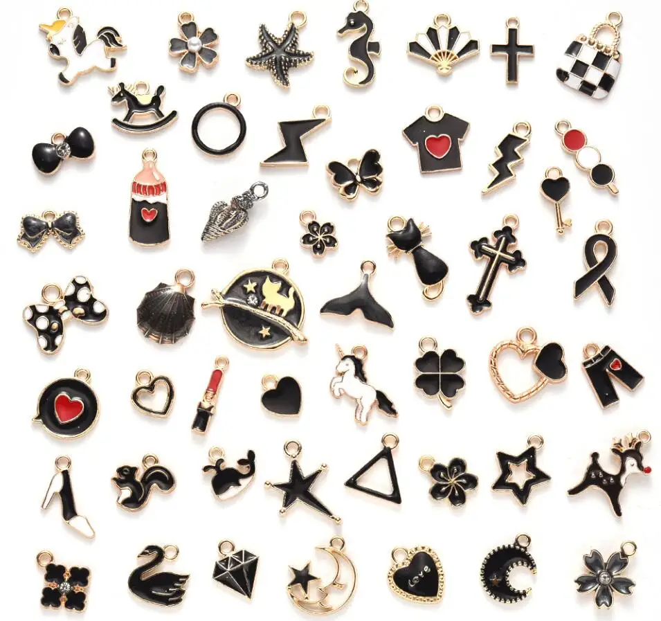 

100PC/lot Mix Styles Little Cute Black Color Pendant Bowknot Ribbon Heart Hang Charms DIY Jewelrys For Bracelet Necklace Making