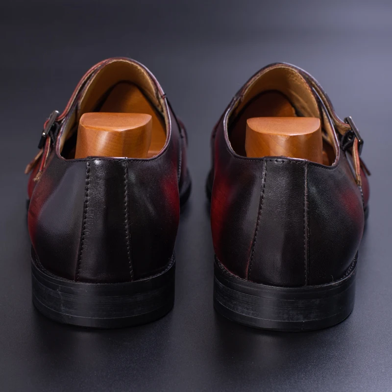 Genuine Leather Men Formal Shoes Handmade Brown Red Color Office Business Oxford Cap Toe Double Buckle Strap Italy Style Shoe