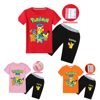 

Children's Pokemon Summer Boy Cotton Suit Pokemon Short Sleeve T-shirt + Shorts Girl Cartoon Pikachu Baby Sports Pikachu Set