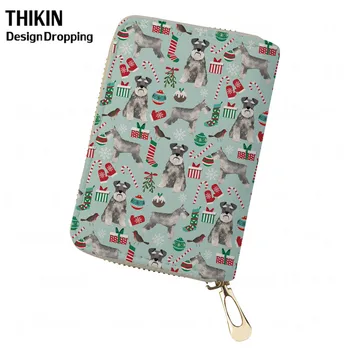 

THIKIN Christmas Schnauzer Print Women Leather Card Case Credit Card Holder Cute Travel Accessories Passport Holder Best Gifts