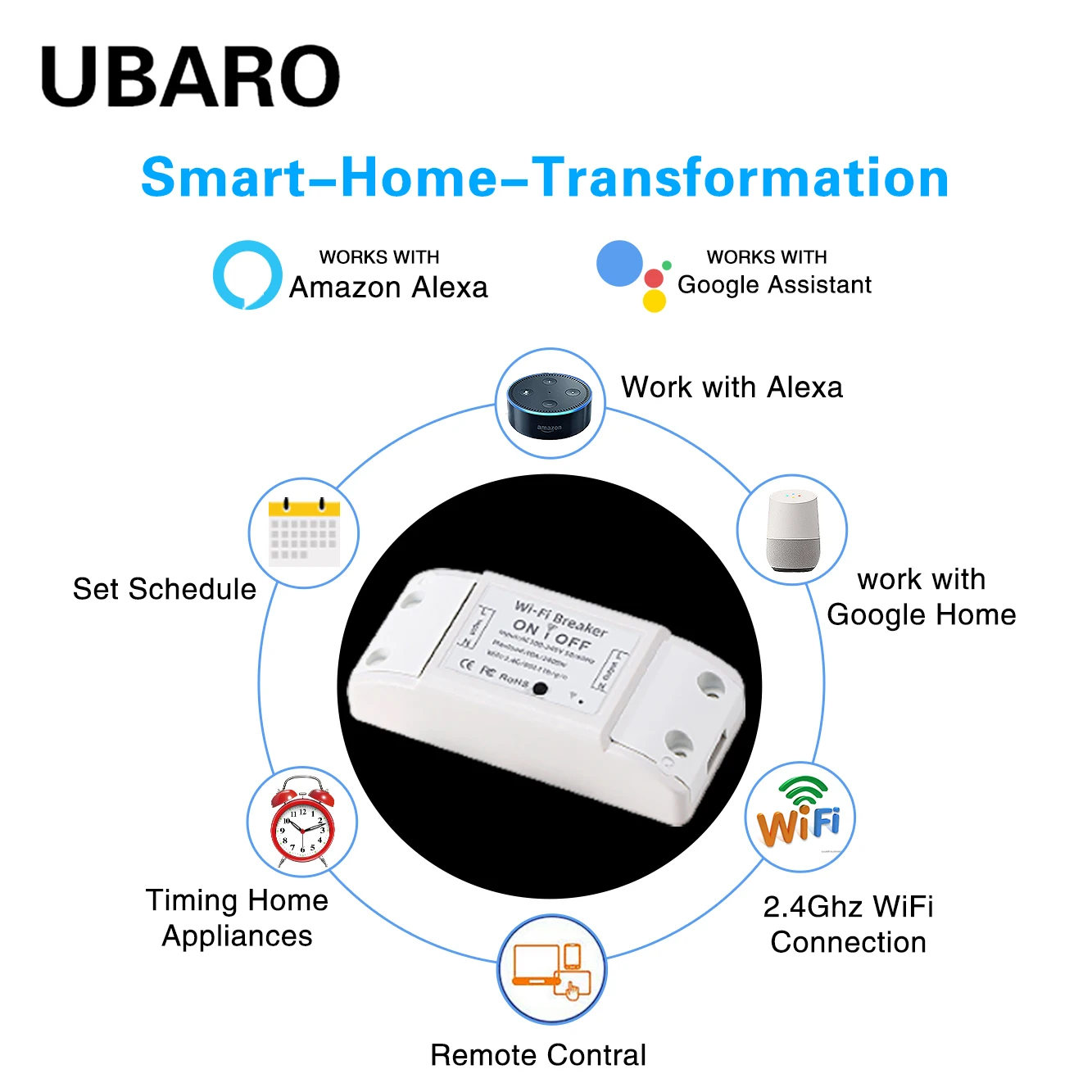 UBARO 투야 와이파이 스마트 홈 차단기 스위치 앱 원격 음성 지지대 제어, 구글 어시스턴트, 알렉사 지능형 모듈 Ac100-240V