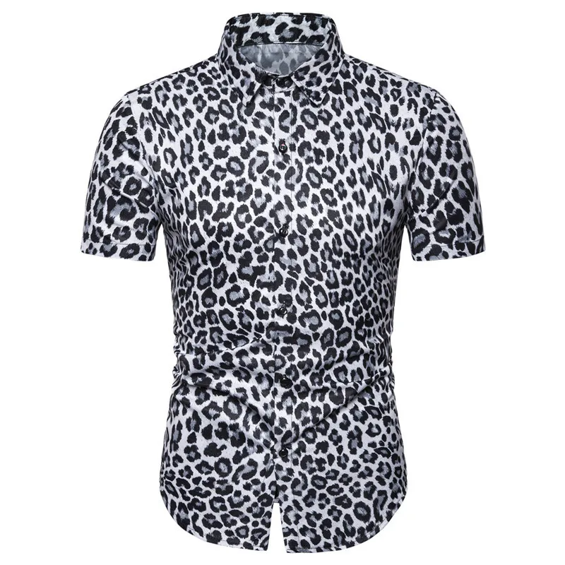 Summer New Fashion Mens Leopard Printed Shirt Casual Button Shirts Men Short Sleeve Sexy Streetwear Shirt