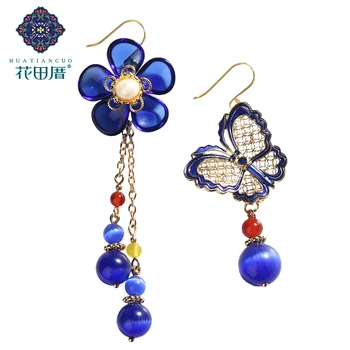 

Blue Alloy Butterfly Colored Glass Petal Ethnic Handmade Dangle Earring ImItaion Opal Bead Pearl Bead Woman Jewelry EZ-18106
