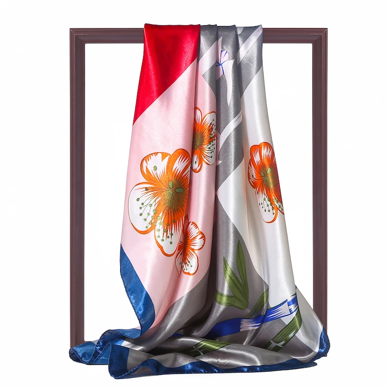 Женская атласная повязка на голову квадратный хиджаб 90 см платки с цветочным