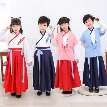 

New Chinese Traditional Clothing for Baby Boy Girl Festival Folk Dance Costume Stage Performance Embroidery Hanfu 3 Pcs Set