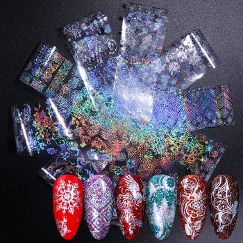 

10pc Transparent Snowflakes Nail Art Transfer Sticker Foil Holographic Decal Gel Tips Christmas Flower Adhesive Paper TRXK9018-1