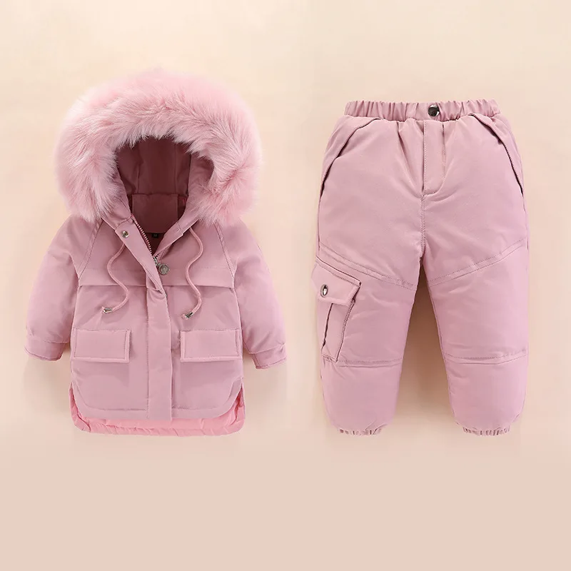 Одежда для маленьких мальчиков комплекты одежды для маленьких девочек-30 градусов, Россия, зимние пуховики пальто с капюшоном+ штаны, зимний детский костюм