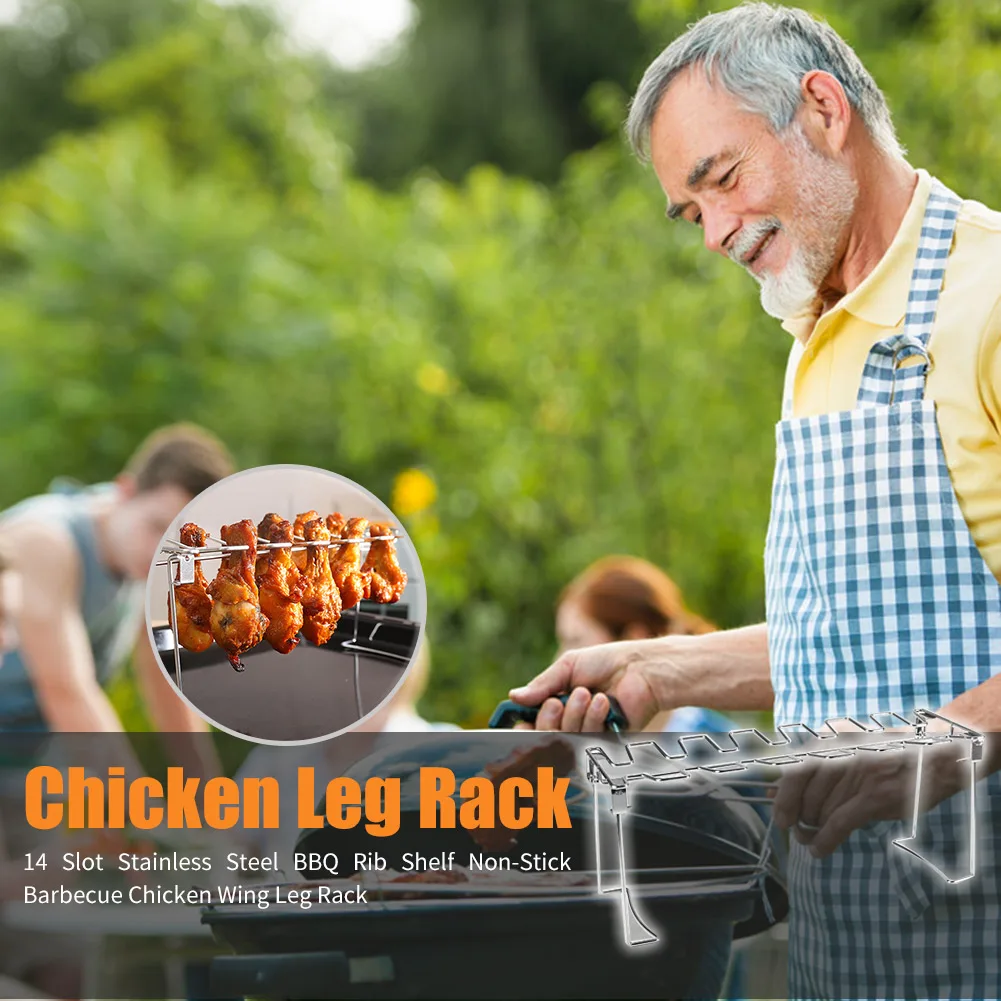 14 Slot Stainless Steel BBQ Grill Rib Shelf Barbecue Chicken Wing Leg Rack For Smoker Oven BBQ Vertical Roaster Stand Tool