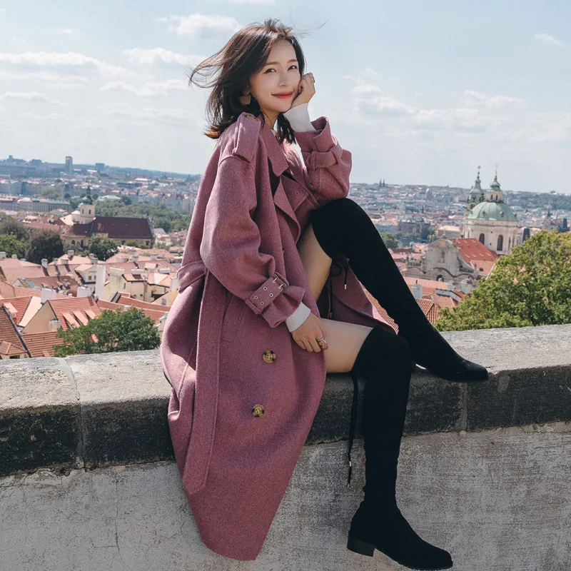 

Pink Double Breasted Woolen Coat Women's Autumn And Winter New Style Korean-style Mid-length Waist Hugging Slimming Popular Wool