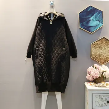

[] 2019 Autumn Winter New Pattern Hooded Collar Long Sleeve Black Patchwork Add Cotton Pullovers Dress Women AK21701