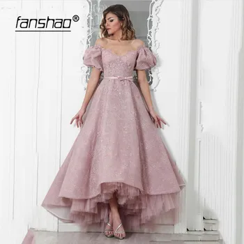 

Peach Muslim Evening Dress Appliques Tea Length Hi Low robe de soiree Formal Dress Evening Dresses Prom Dress