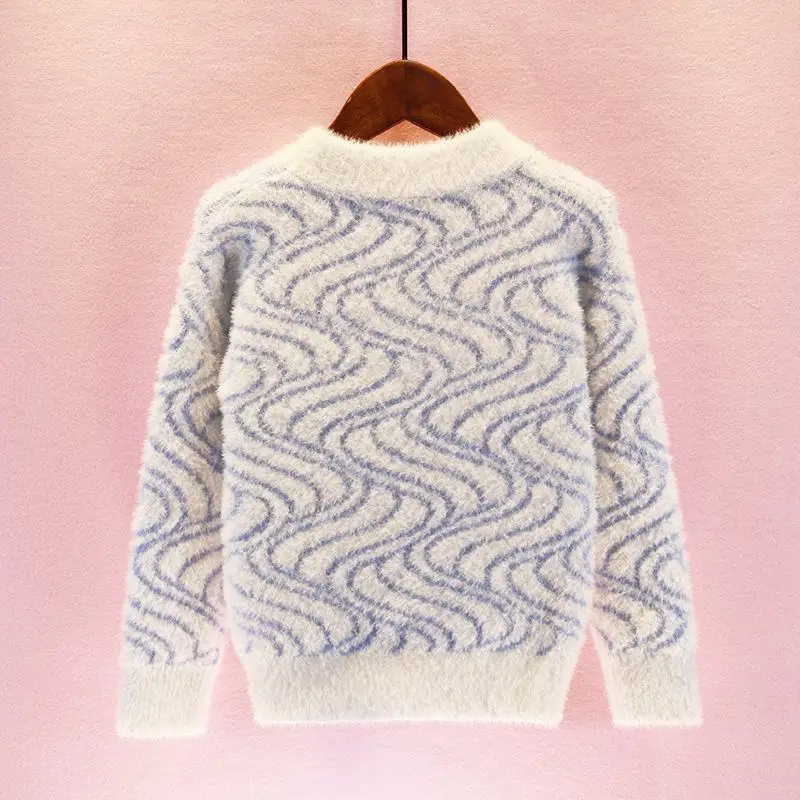 striped blue Новинка года; сезон осень-зима; вязаные флисовые свитера с искусственным мехом Минька для девочек; теплый толстый пуловер для девочек; свитер; одежда; N60 - Цвет: striped blue