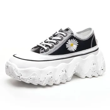 

New Black Genuine Leather Women's Shoes Spring Autumn Fashion Lace Platform Sequin Embroidery Flower Design Sports Casual Shoes