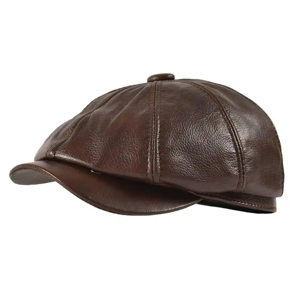 brown leather newsboy hat