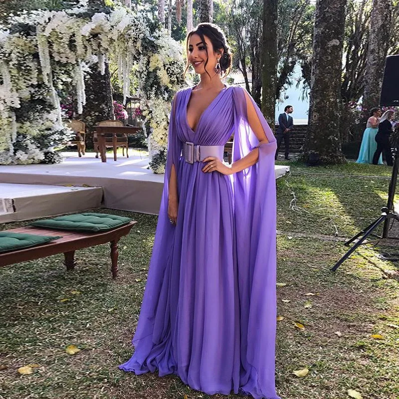 

2019 Sexy Deep V Neck Long Chiffon Purple Evening Formal Dress Long Sleeves Floor Length For Women Party