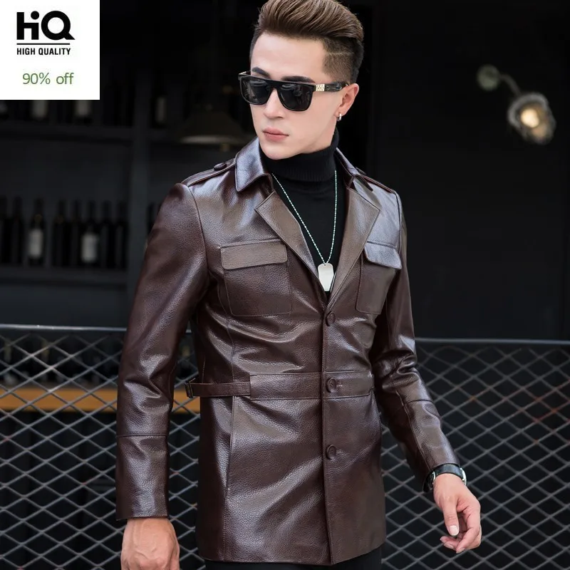 

2020 New Winter Mens Cow Leather Mid Long Jacket Slim Fit Business Man Single Breasted Genuine Leather Jacket Suit Wind Coat 4XL