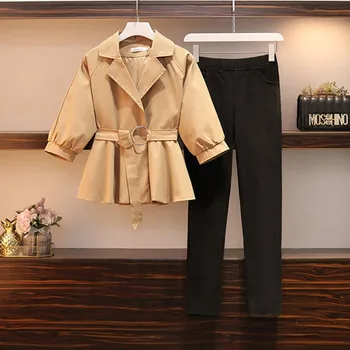

Women Plus Size Pant Suits 2020 Spring fashion Office OL Lantern Sleeve Tops + High waist pencil Trousers Suits