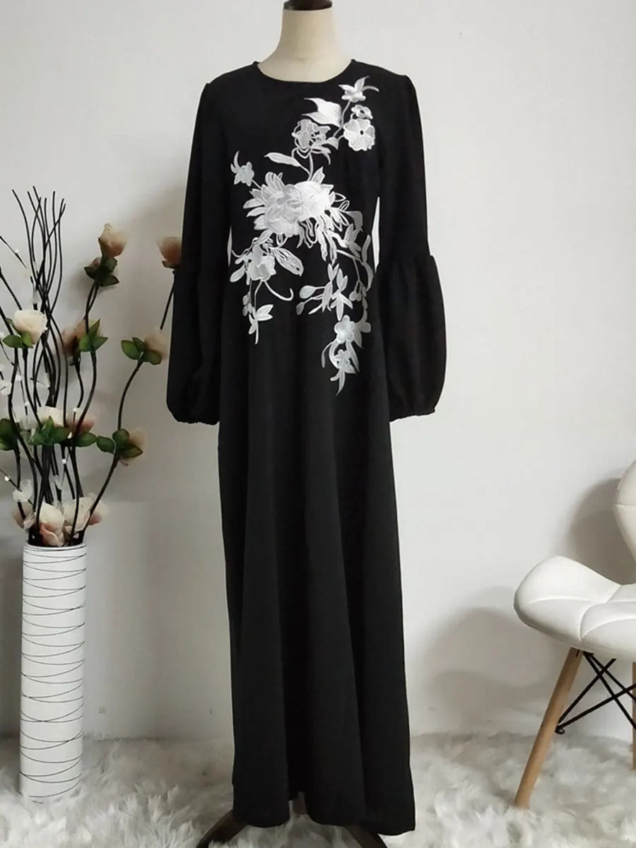 Плюс размер мусульманские платья модные женские с длинным рукавом с принтом повседневные свободные abaya Вечерние Длинное платье в турецком стиле - Цвет: Черный
