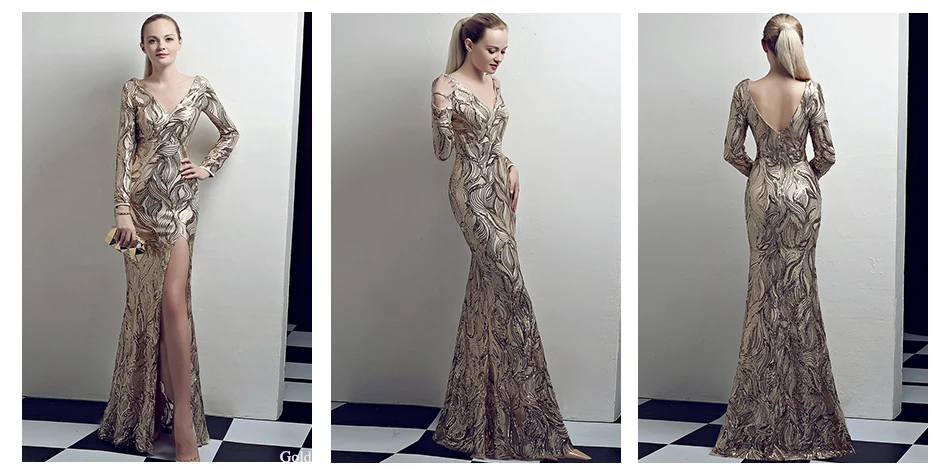 Вечернее платье Русалка, длинное, расшитое блестками, Robe De Soiree, DX336-2,, длинные рукава, женские вечерние платья, золотые сексуальные вечерние платья с v-образным вырезом